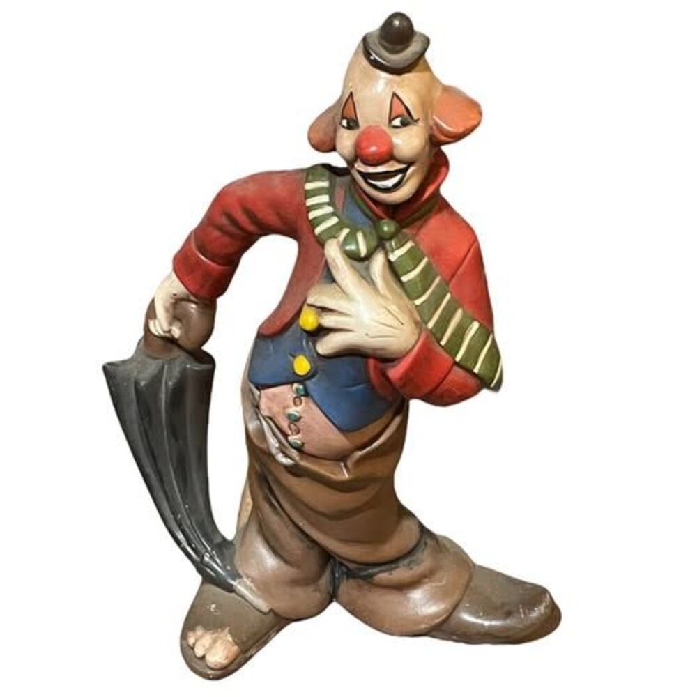Vintage 12" Atlantic Mold Ceramic CIRCUS CLOWN WITH UMBRELLA Figurine Colorful